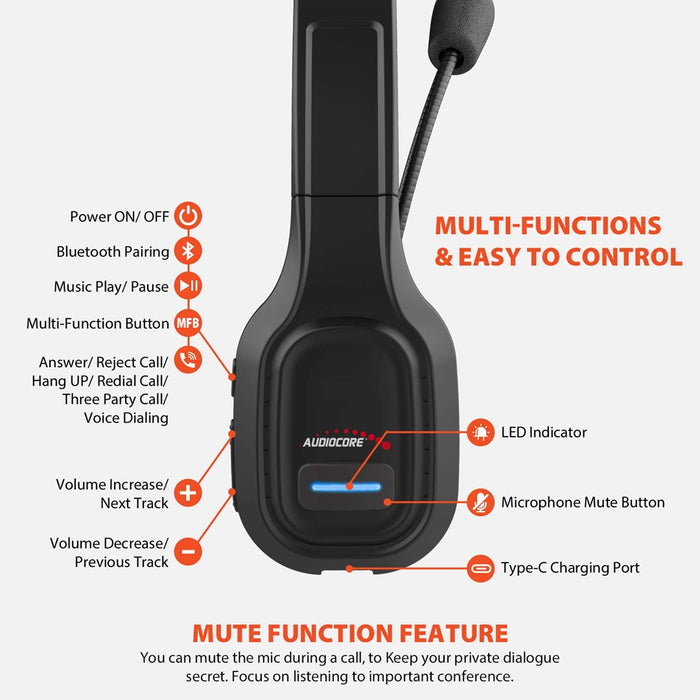 Audiocore 74452 Bluetooth слушалки Слушалки Микрофон за шумопотискане Център за обаждания Google Siri Office Wireless