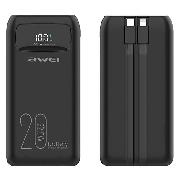 AWEI PowerBank 22.5Wczarny черен, дисплей + кабели PD/Lightning