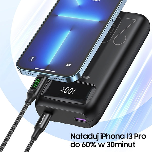 AWEI PowerBank 22.5Wczarny черен, дисплей + кабели PD/Lightning