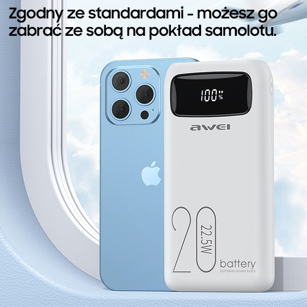 AWEI PowerBank 22.5Wczarny черен, дисплей + кабели PD/Lightning