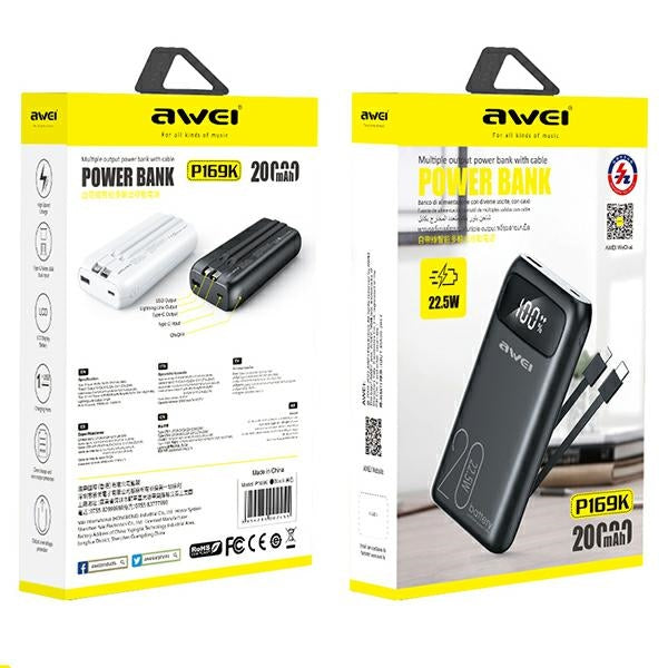 AWEI PowerBank 22.5Wczarny черен, дисплей + кабели PD/Lightning