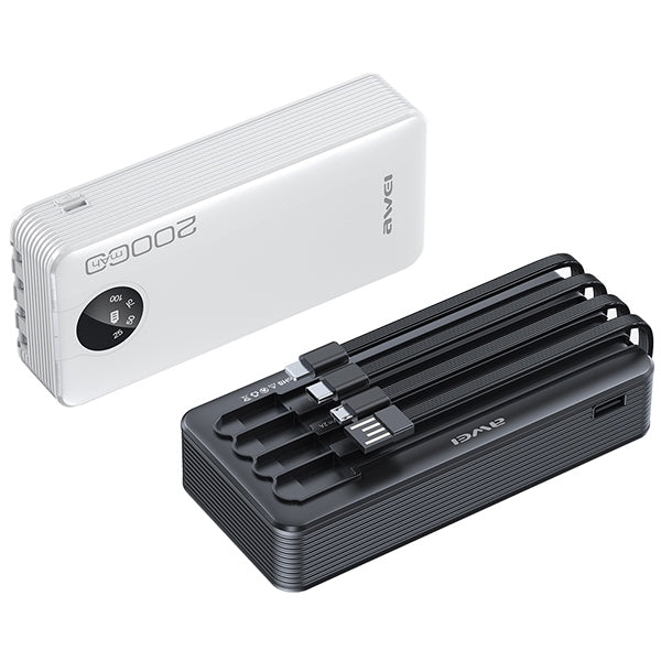 AWEI PowerBank P134K 20000mAh черен с дисплей + кабели USB/USB-C/Lightning/MicroUSB