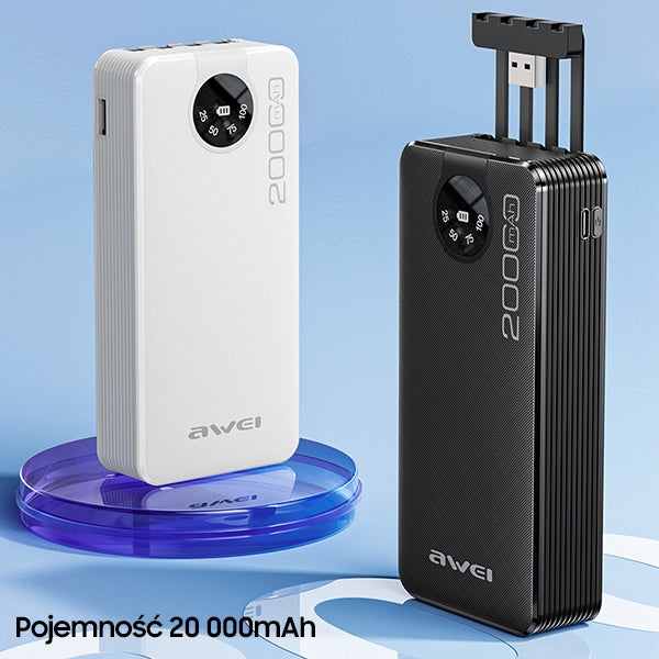 AWEI PowerBank P134K 20000mAh черен с дисплей + кабели USB/USB-C/Lightning/MicroUSB