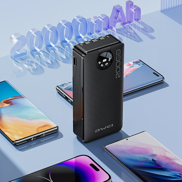 AWEI PowerBank P134K 20000mAh черен с дисплей + кабели USB/USB-C/Lightning/MicroUSB