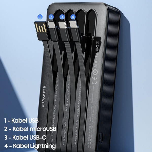 AWEI PowerBank P134K 20000mAh черен с дисплей + кабели USB/USB-C/Lightning/MicroUSB