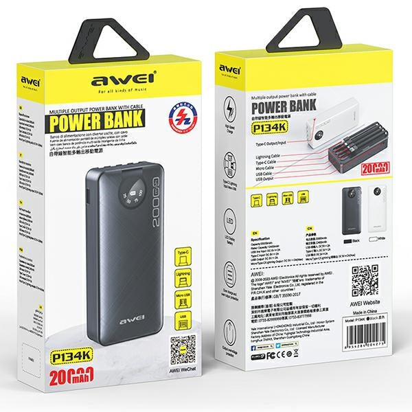 AWEI PowerBank P134K 20000mAh черен с дисплей + кабели USB/USB-C/Lightning/MicroUSB