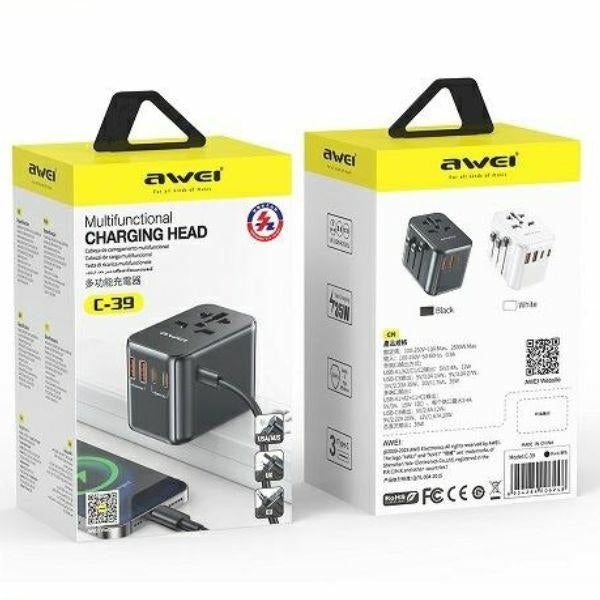Зарядно AWEI Universal Travel GaN Charger US/AU/EU/UK, черно