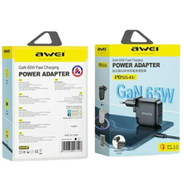 Зарядно AWEI PD55-EU 65WUSB + USB-C GaN, черно