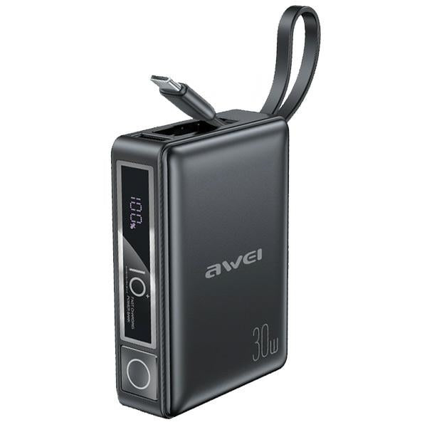 AWEI PowerBank с вграден кабел 30W, черен