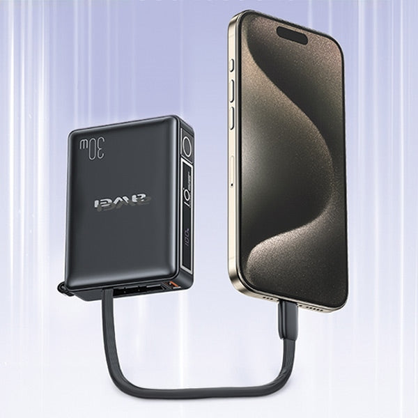 AWEI PowerBank с вграден кабел 30W, черен
