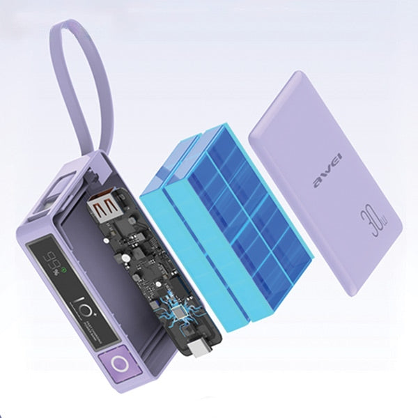 AWEI PowerBank с вграден кабел 30W, черен