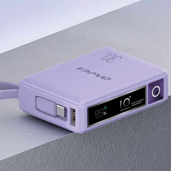 AWEI PowerBank с вграден кабел 30W, черен