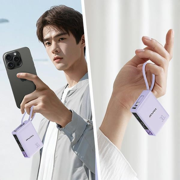 AWEI PowerBank с вграден кабел 30W, черен