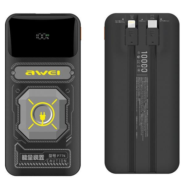 AWEI powerbank с вграден Lightning/USB-C кабел 22.5W, черен