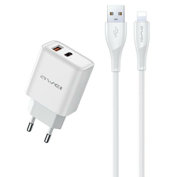 Зарядно AWEI 22.5W GaN + USB + Lightning кабел, бял