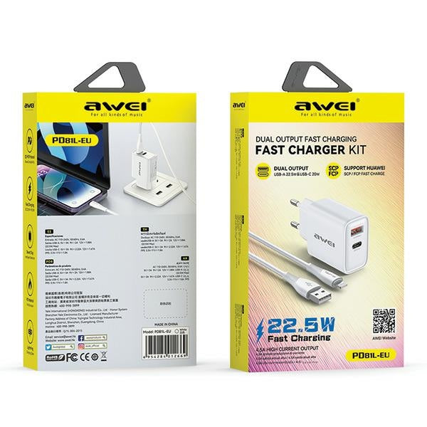 Зарядно AWEI 22.5W GaN + USB + Lightning кабел, бял