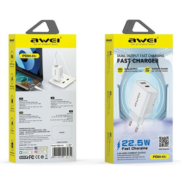 Зарядно AWEI 22.5W GaN, бяло