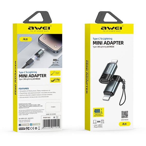 AWEI A11 адаптер USB-C/Lightning, сив