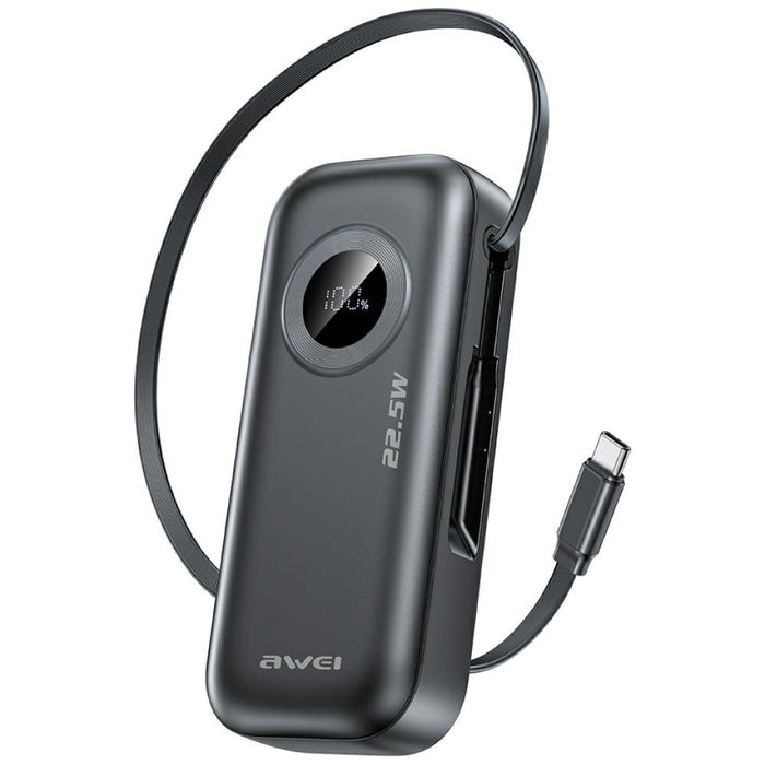AWEI PowerBank 22.5W с изтегляем кабел, черен