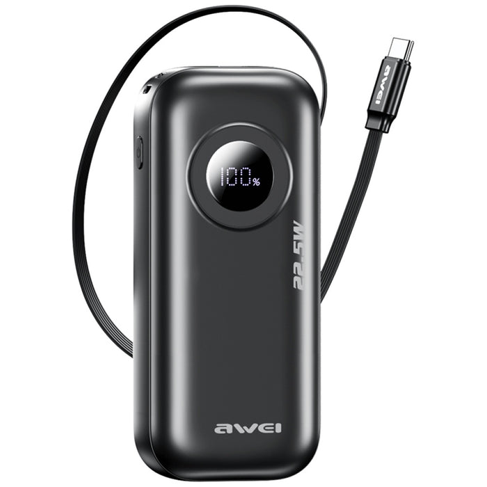 AWEI PowerBank 22.5W с изтегляем кабел, черен