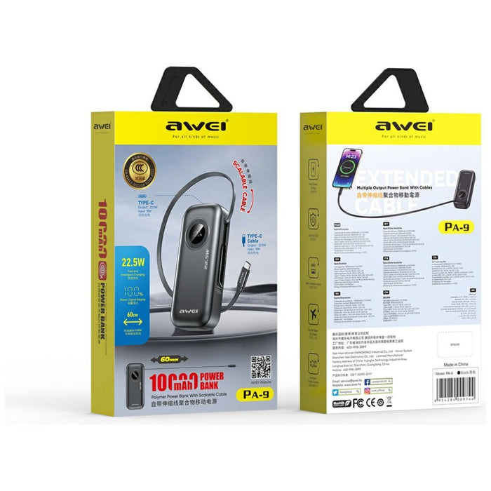 AWEI PowerBank 22.5W с изтегляем кабел, черен