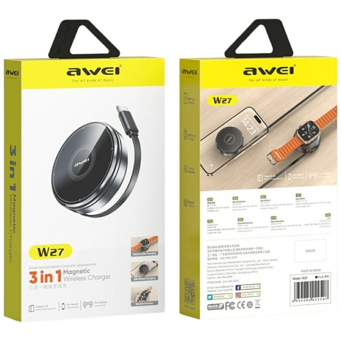 Индукционно зарядно AWEI W27 15W 3в1 с кабел Fast Charging, черно