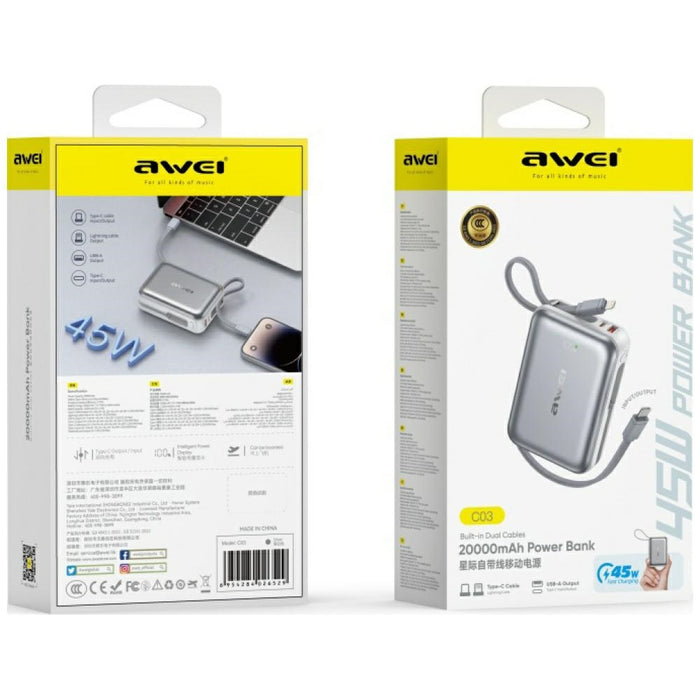 Powerbank AWEI C03 45W, сребристен