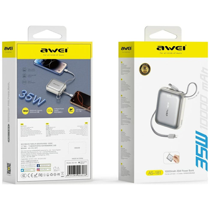 Powerbank AWEI 35W с кабел Lightning, сребрист