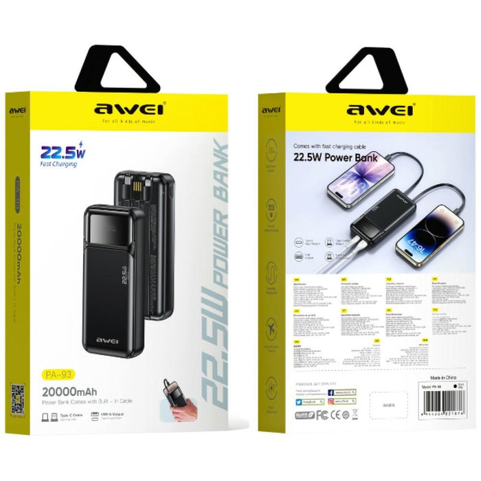 Powerbank AWEI 22,5W PD + кабел, черен