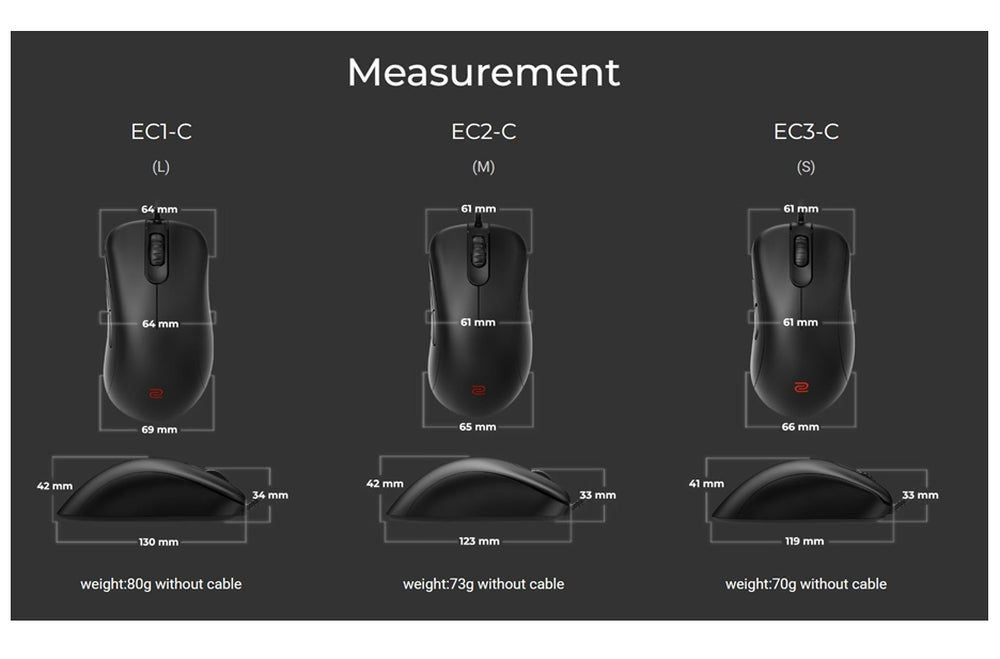 Безжична мишка BenQ ZOWIE EC3-CW за електронни спортове, размер S, 79g, до 1000 Hz, до 3200 DPI, 3370 сензор, асиметричен ергономичен дизайн с по-къса обща дължина, намалено тегло, 24-стъпково колело за превъртане, без драйвер, plug and play, вдъхновена о