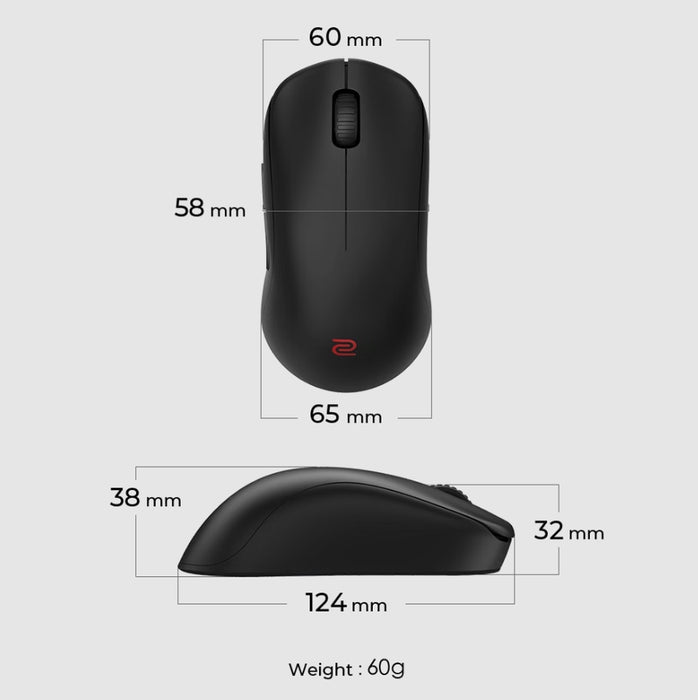 Безжична мишка BenQ ZOWIE U2 за електронни спортове, размер M, 60 g, до 1000 Hz, до 3200 DPI, симетричен дизайн, извита навътре от двете страни за гъвкавост по време на движение под различни ъгли, безжичен дизайн с подобрен приемник, без водач, plug and p