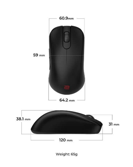 BenQ ZOWIE S2-DW 4K безжична мишка за електронни спортове, размер S, 65g, до 4000 Hz, до 3200 DPI, симетричен дизайн, по-къси общи със странични извивки за стабилно проследяване, безжична с 4K подобрен приемник, захранвана от спортна наука, без драйвер, p