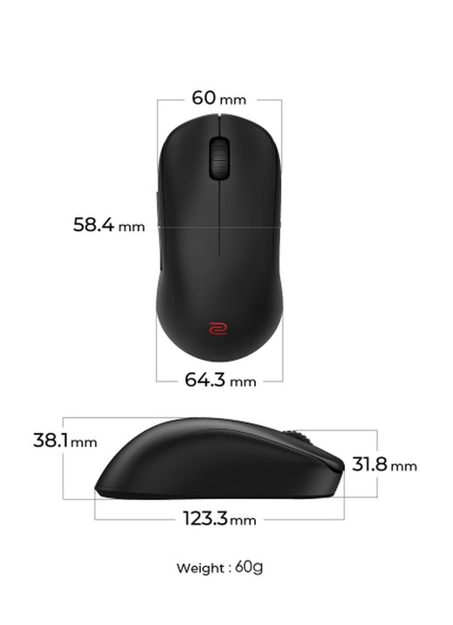 BenQ ZOWIE U2-DW 4K безжична мишка за електронни спортове, размер M, 60 g, до 4000 Hz, до 3200 DPI, симетричен дизайн, извити навътре от двете страни за гъвкавост по време на движение под различни ъгли, безжична с 4K подобрен приемник, без драйвер, plug a