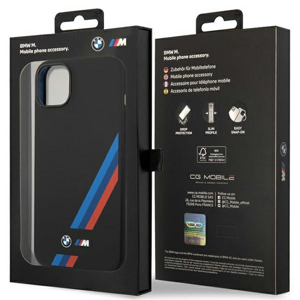 Силиконов калъф BMW BMHCP14M22SOTK за iPhone 14 Plus/15 Plus 6,7", черен с наклонени ивици