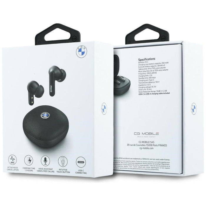 Слушалки BMW Bluetooth TWS Leather Metal Logo ENC, черни