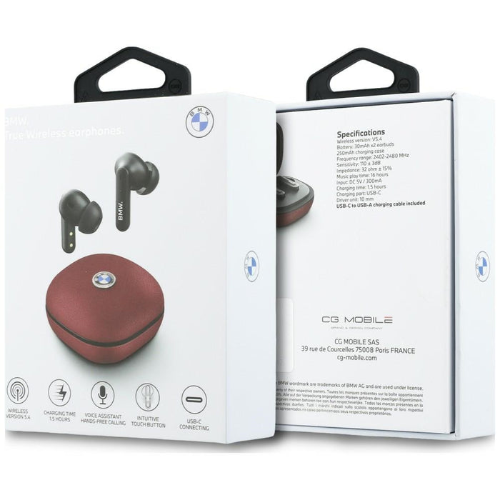 Слушалки BMW Bluetooth TWS Leather Metal Logo ENC, червени