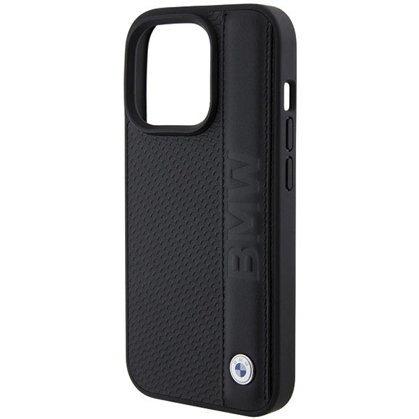 Калъф за iPhone 15 Pro Max BMW с кожена текстура и ивици - черен