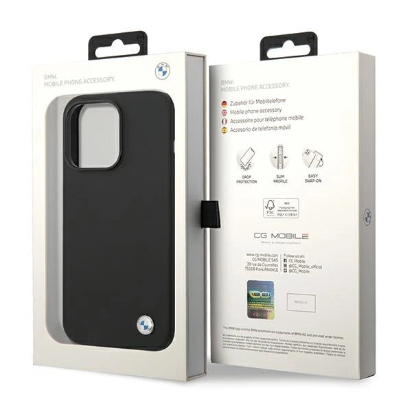 Силиконов калъф с метално лого на BMW iPhone 15 Pro Max - черен