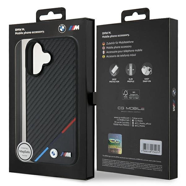 Калъф BMW Carbon Tricolor Line MagSafe за iPhone 16 Plus - черен