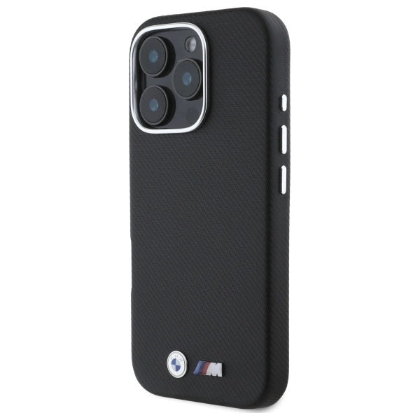 Метален калъф BMW M Edition за iPhone 16 Pro с обвивка с кевлар - черен