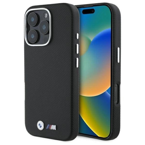 Метален калъф BMW M Edition за iPhone 16 Pro с обвивка с кевлар - черен
