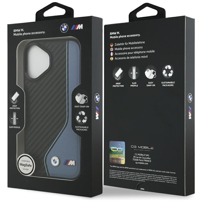 Калъф MagSafe с лого BMW M Carbon за iPhone 17 - син