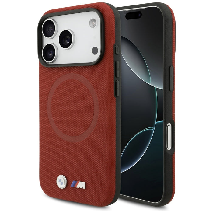 Калъф MagSafe с метално лого BMW M FW за iPhone 17 Pro - червен