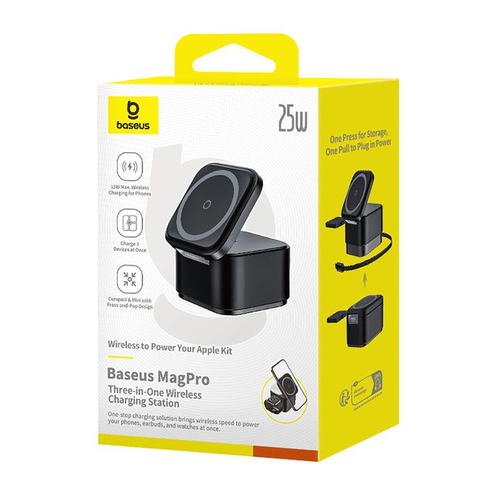 Baseus MagPro 3in1 25W MagSafe съвместимо индуктивно зарядно за телефон и смарт часовник - черно