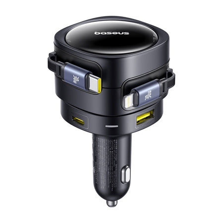 Зарядно за кола Baseus Enjoyment Max с USB-C+Lightning кабели и USB-A+USB-C портове 90W Черно