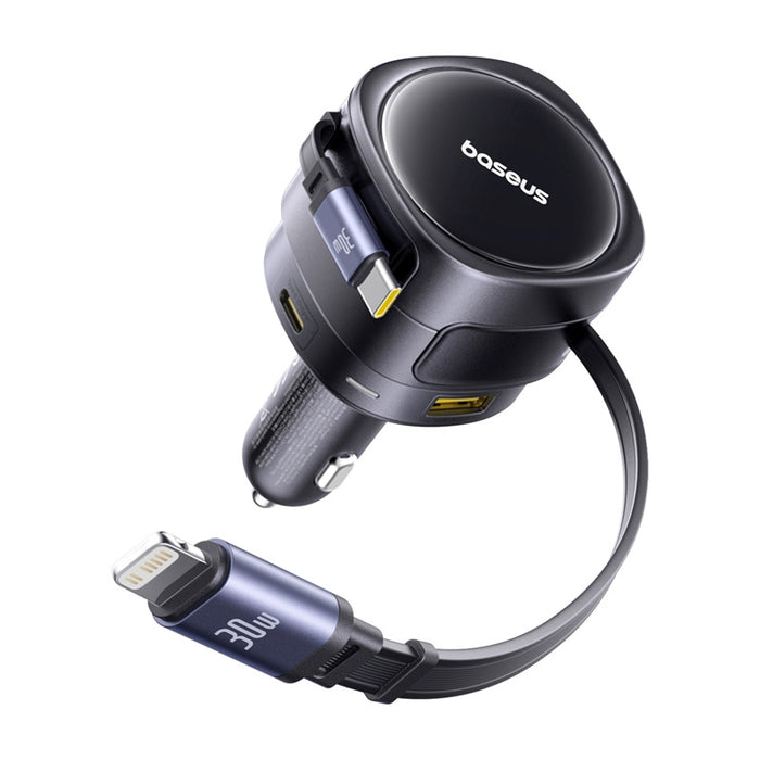 Зарядно за кола Baseus Enjoyment Max с USB-C+Lightning кабели и USB-A+USB-C портове 90W Черно