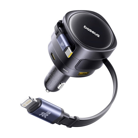 Зарядно за кола Baseus Enjoyment Max с USB-C+Lightning кабели и USB-A+USB-C портове 90W Черно
