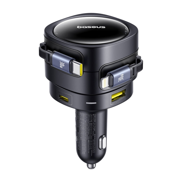 Зарядно за кола Baseus Enjoyment Max с USB-C+Lightning кабели и USB-A+USB-C портове 90W Черно