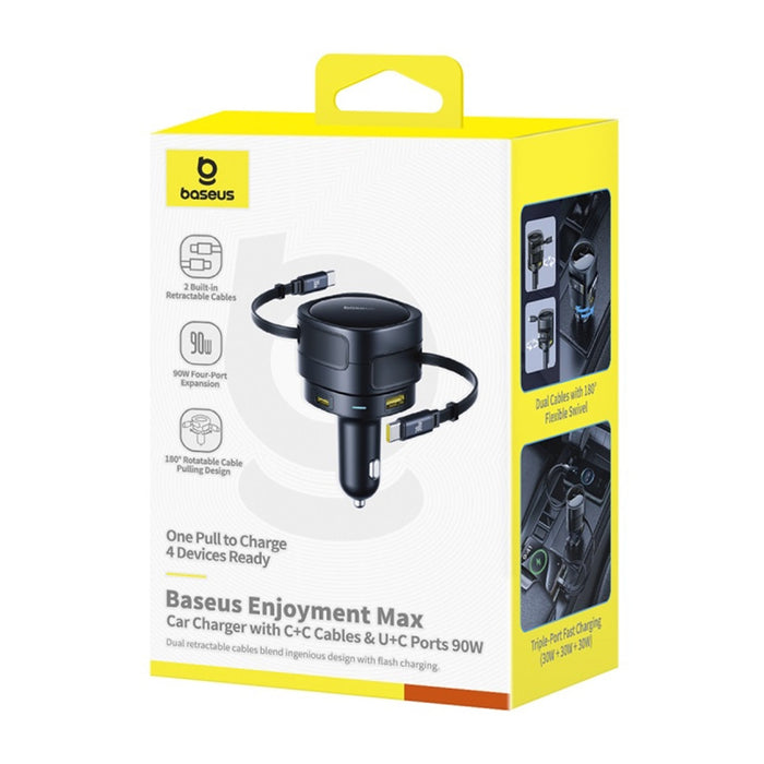 Зарядно за кола Baseus Enjoyment Max с USB-C+USB-C кабели и USB-A+USB-C портове 90W Черно