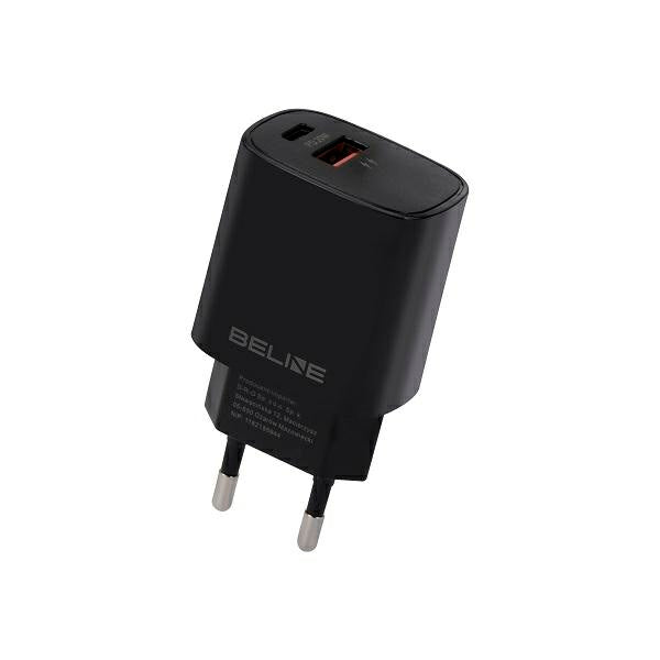 Мрежово зарядно Beline с 1x USB-C + 1x USB-A, PD 3.0 + QC 3.0, черен (само глава)